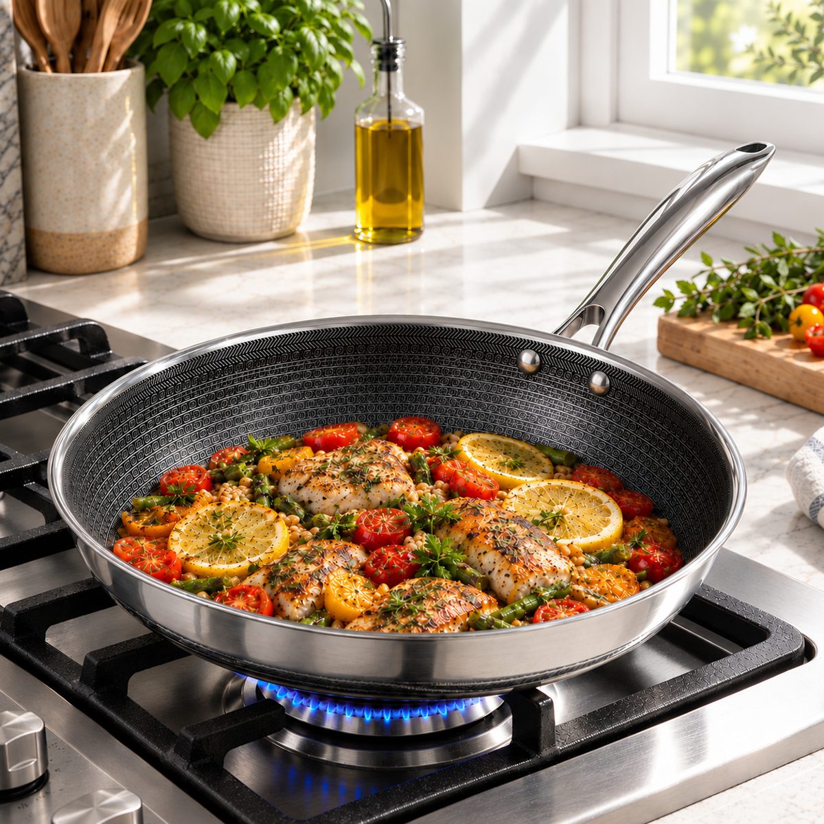 Sartén Infinity con pescado, tomates y limón sobre una estufa de gas