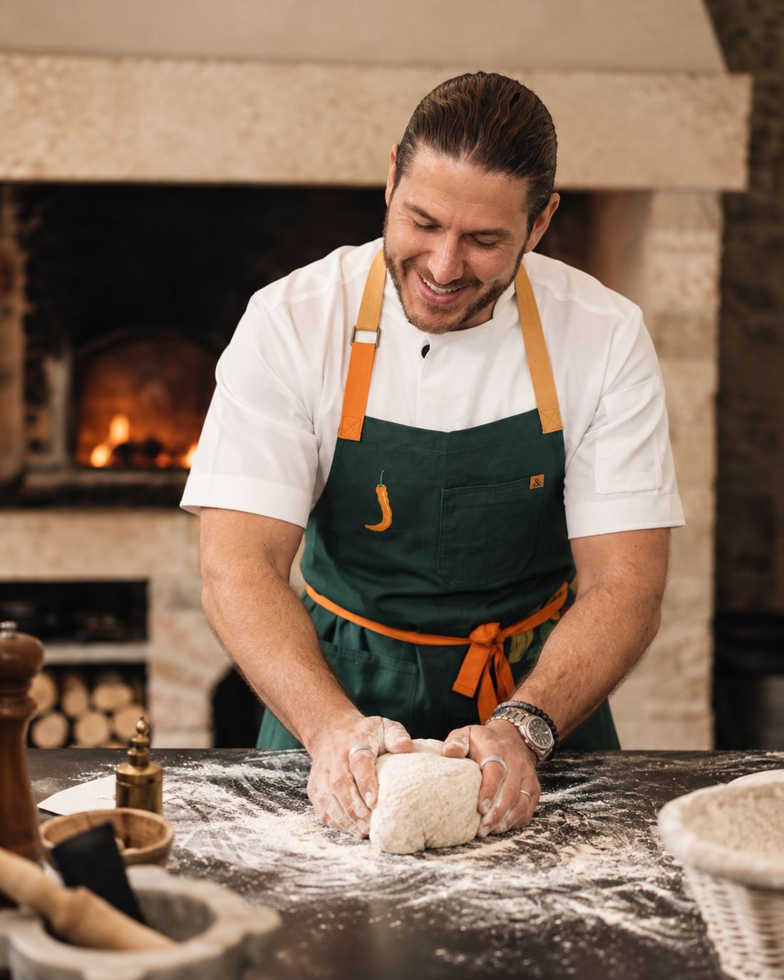 Chef James amasando pan sobre una mesa enharinada