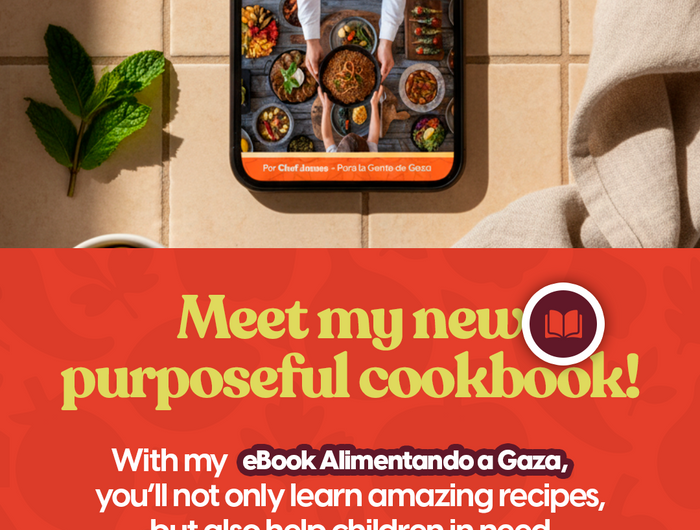 Phone displaying 'Alimentando a Gaza' cookbook with kitchen items on a tiled surface