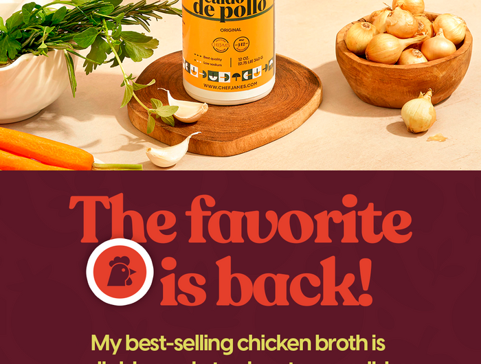 Advertisement for Chef James chicken broth with ingredients on a table