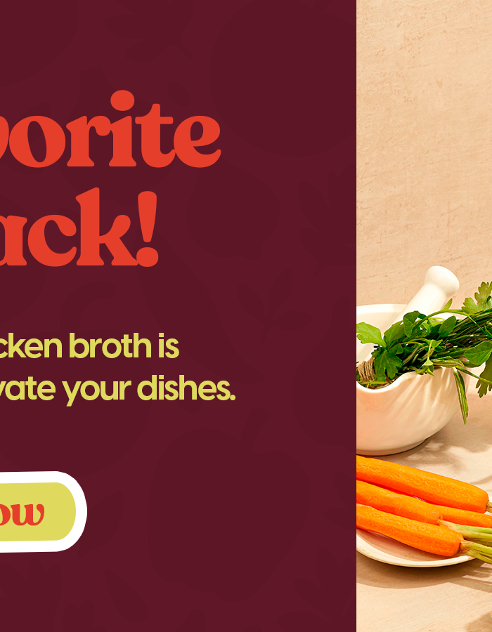 Promotional image of a bottle of chicken broth with text and call to action on a maroon background.
