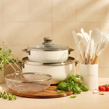 Chef James Kitchen Starter Bundle: Cookware Set + Silicone Utensils