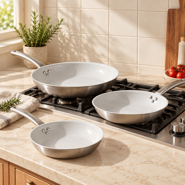 3pc Ply Ceramic Fry Pan Set Approved by Chef James (8" 10″ & 12″)