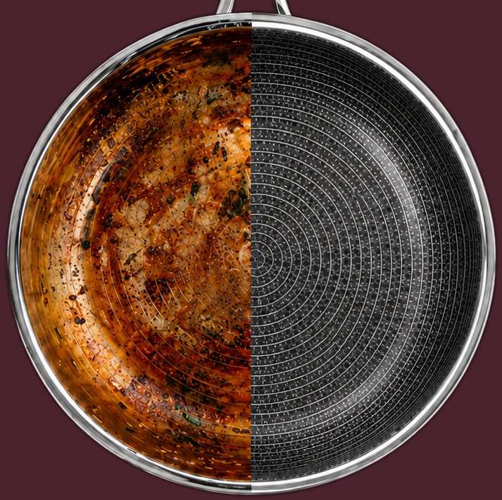 Comparación: mitad de una sartén común quemada y mitad de la sartén Infinity limpia