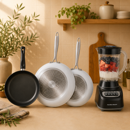 Chef James 3.0 Ceramic Pan Set + Victoria Cast Iron Skillet + Hamilton Beach Blender