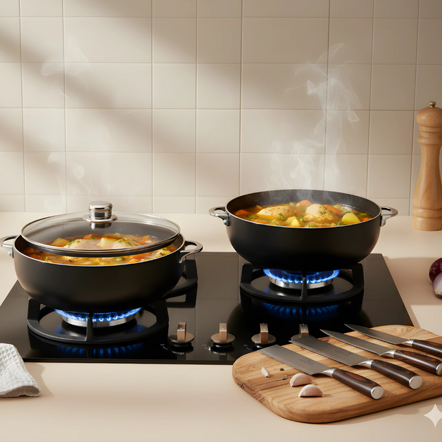 Tradition Meets Precision: 2 Ceramic Calderos + Professional Knife Set